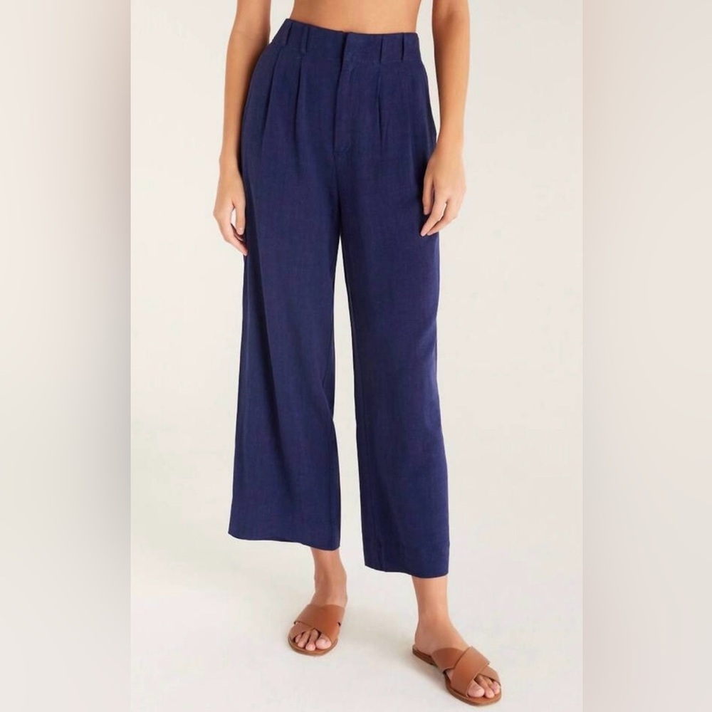 Z Supply NWT Navy High-Rise Wide Leg Pants Linen Blend Large Coastal Chic - Picture 2 of 13